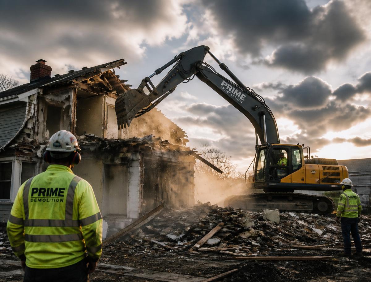 Demolition crew tearing down a structure